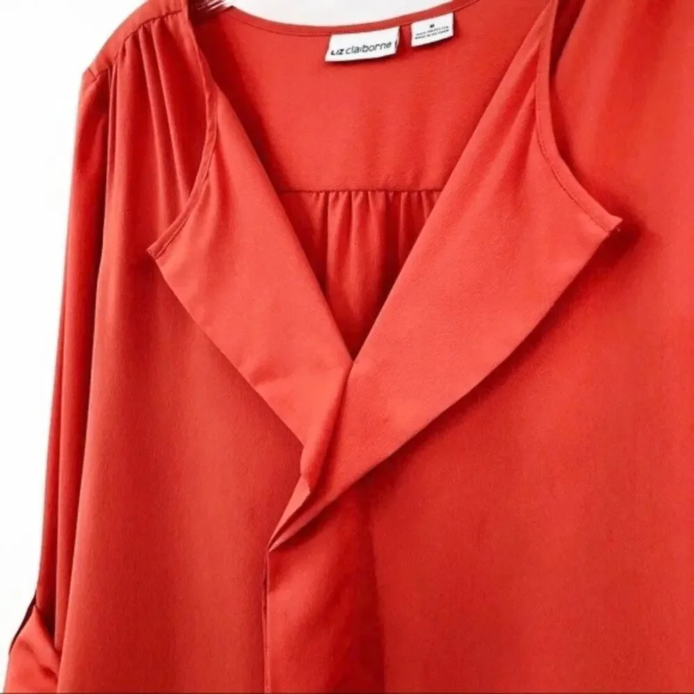 Liz Claiborne Women's Blouse M Coral Orange Shawl Collar Roll Tab Sleeve V Neck - Picture 4 of 7